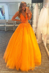 a line v neck orange prom dress with appliques