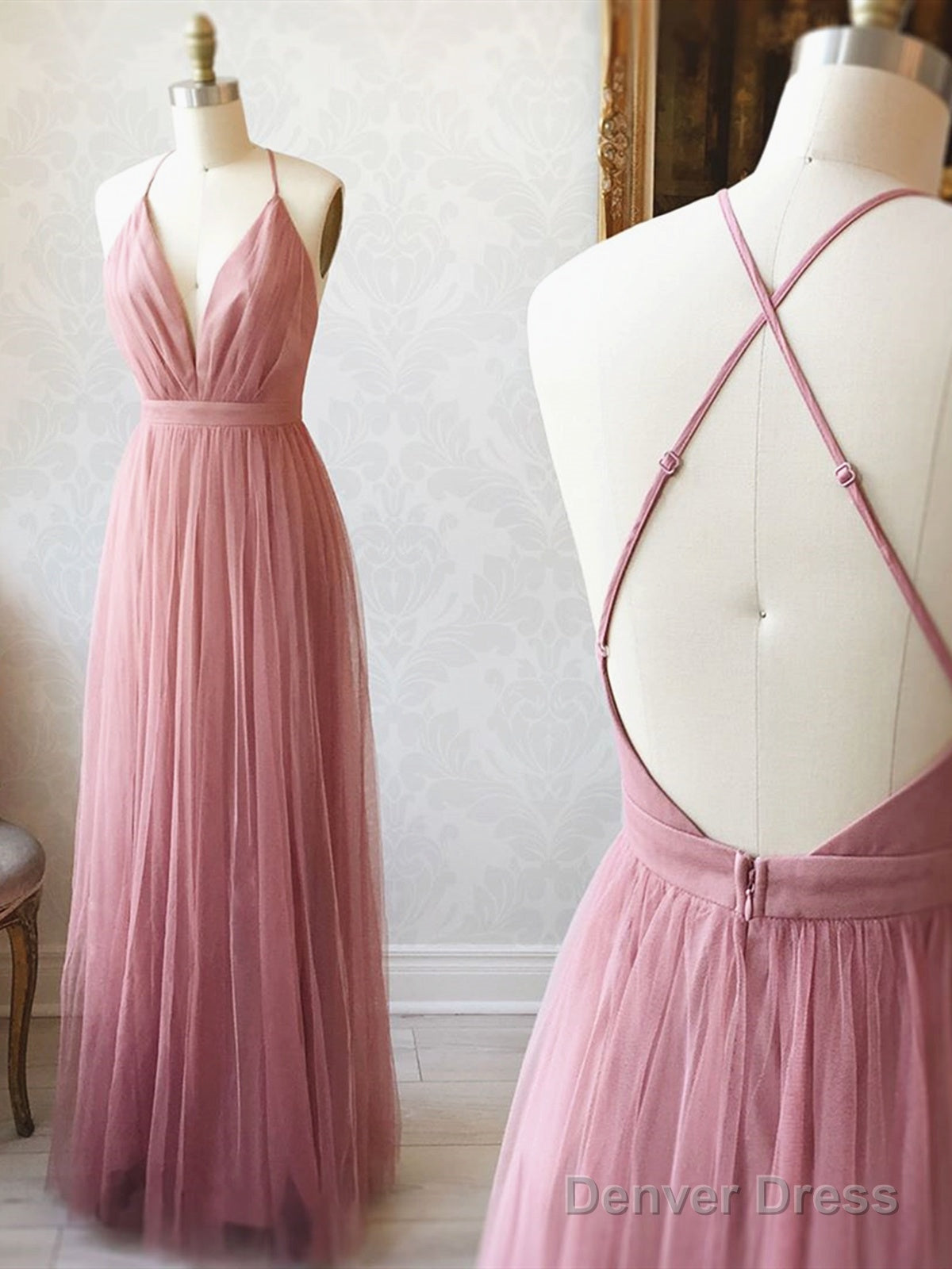 A Line V Neck Pink Backless Prom Dress, V Neck Pink Backless Prom Bridesmaid Dresses Main image