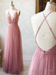A Line V Neck Pink Backless Prom Dress, V Neck Pink Backless Prom Bridesmaid Dresses
