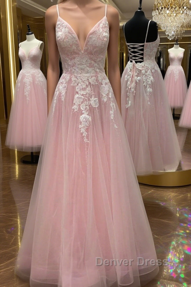 A Line V Neck Pink Lace Floral Long Prom Dress, Pink Lace Prom Dress, Pink Prom Dresses Main image