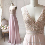 A Line V Neck Pink Lace Prom Dress Long, Pink Long Lace Prom Bridesmaid Dresses