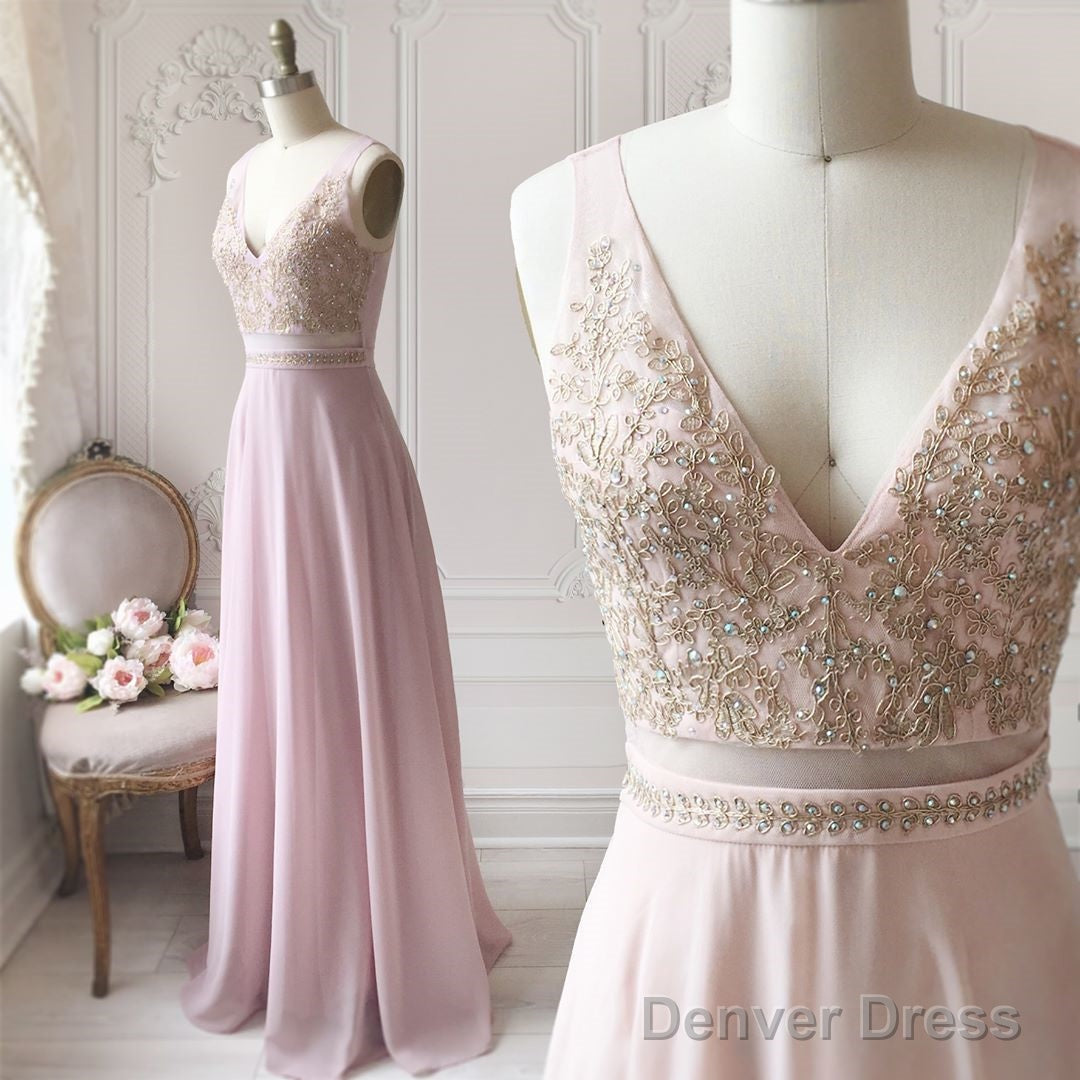 A Line V Neck Pink Lace Prom Dress Long, Pink Long Lace Prom Bridesmaid Dresses