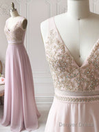 A Line V Neck Pink Lace Prom Dress Long, Pink Long Lace Prom Bridesmaid Dresses