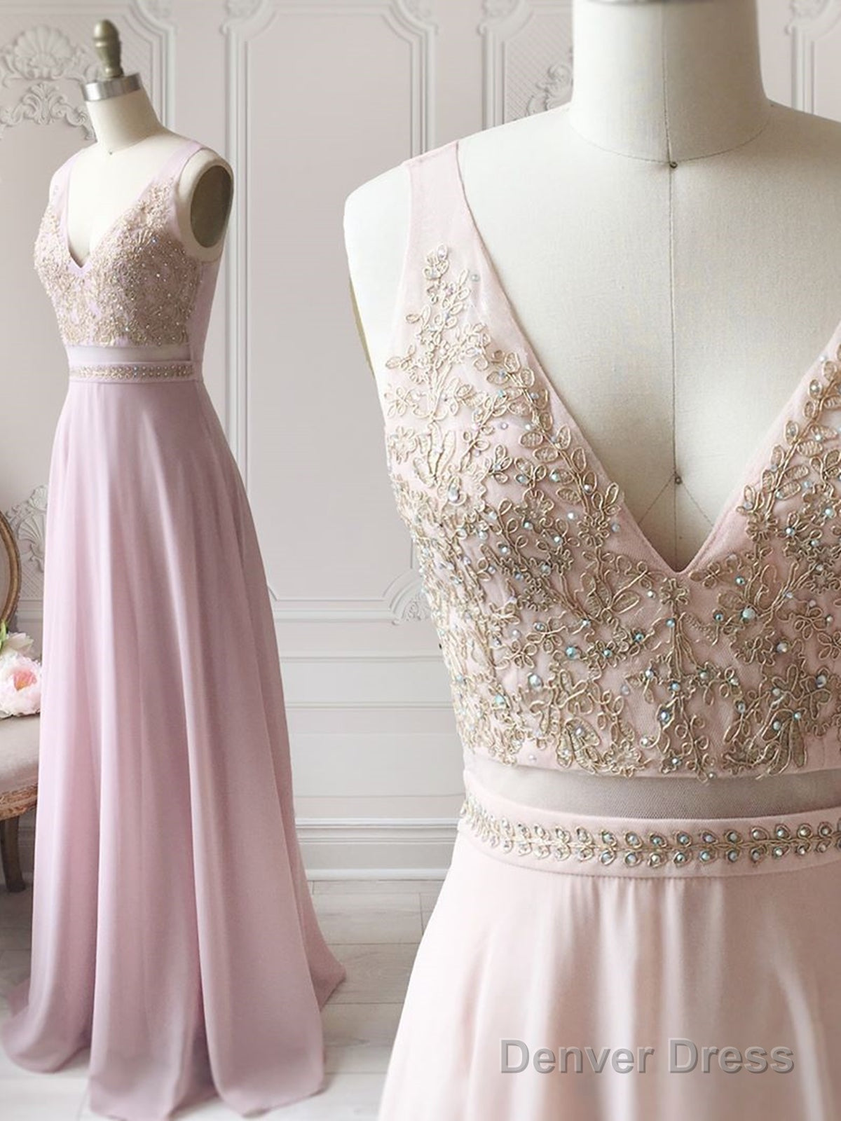 A Line V Neck Pink Lace Prom Dress Long, Pink Long Lace Prom Bridesmaid Dresses