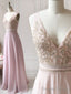 A Line V Neck Pink Lace Prom Dress Long, Pink Long Lace Prom Bridesmaid Dresses