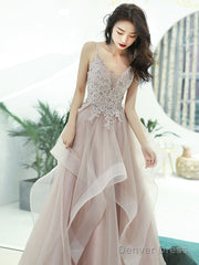 A-Line V Neck Pink Long Prom Dress, Pink Formal Graduation Dress With Lace Beading