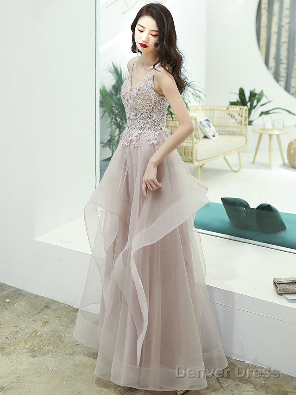 A-Line V Neck Pink Long Prom Dress, Pink Formal Graduation Dress With Lace Beading