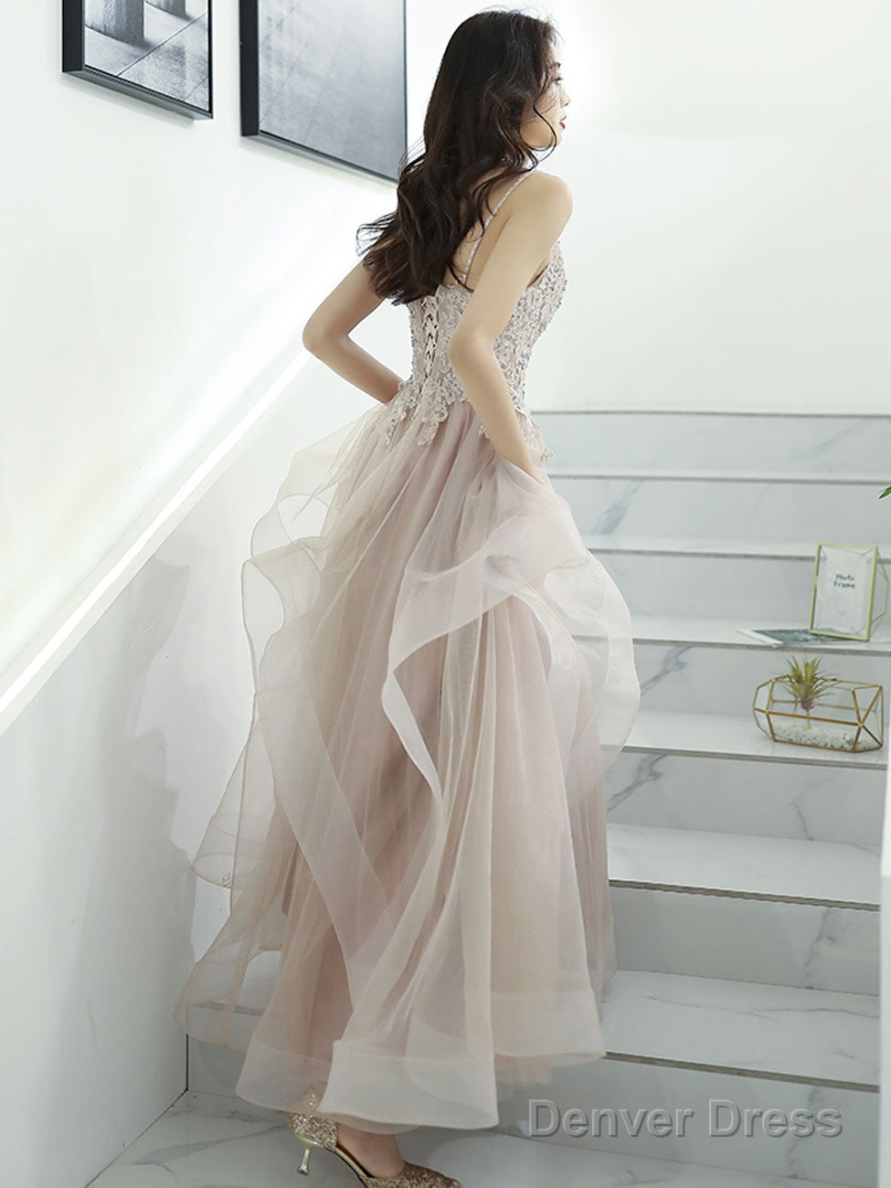 A-Line V Neck Pink Long Prom Dress, Pink Formal Graduation Dress With Lace Beading