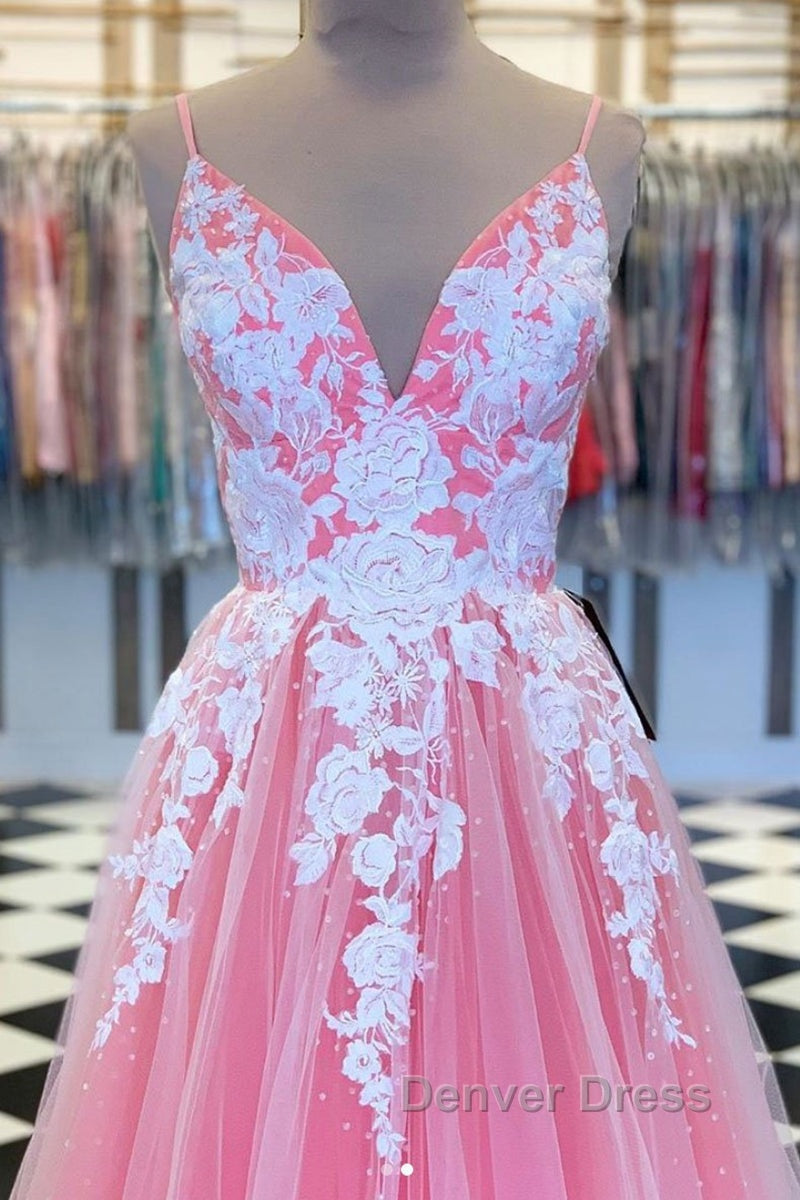 A Line V Neck Pink Long Prom Dress with Lace Appliques, V Neck Pink Prom Dress, Pink Prom Dresses