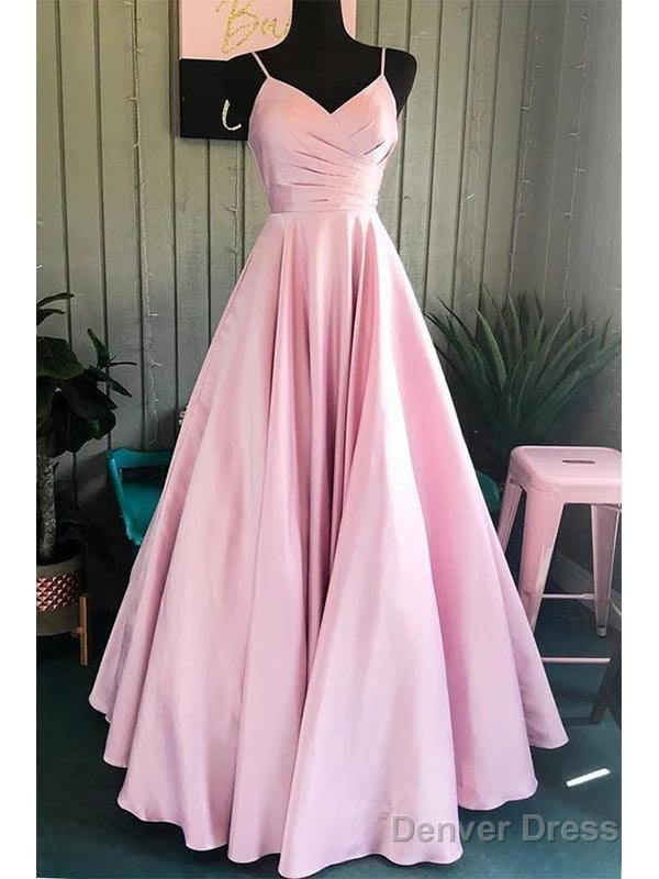 A-Line V-Neck Pink Spaghetti Straps Satin Prom Dresses Formal Dresses, Main image