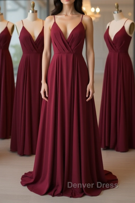 A Line V Neck Pleated Burgundy Long Prom Dress, V Neck Burgundy Long Prom Dress, Burgundy Graduation Dress, Prom Dresses Main image