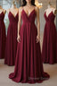 A Line V Neck Pleated Burgundy Long Prom Dress, V Neck Burgundy Long Prom Dress, Burgundy Graduation Dress, Prom Dresses