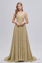 A Line V Neck Polyester With Train Sash Prom Dresses