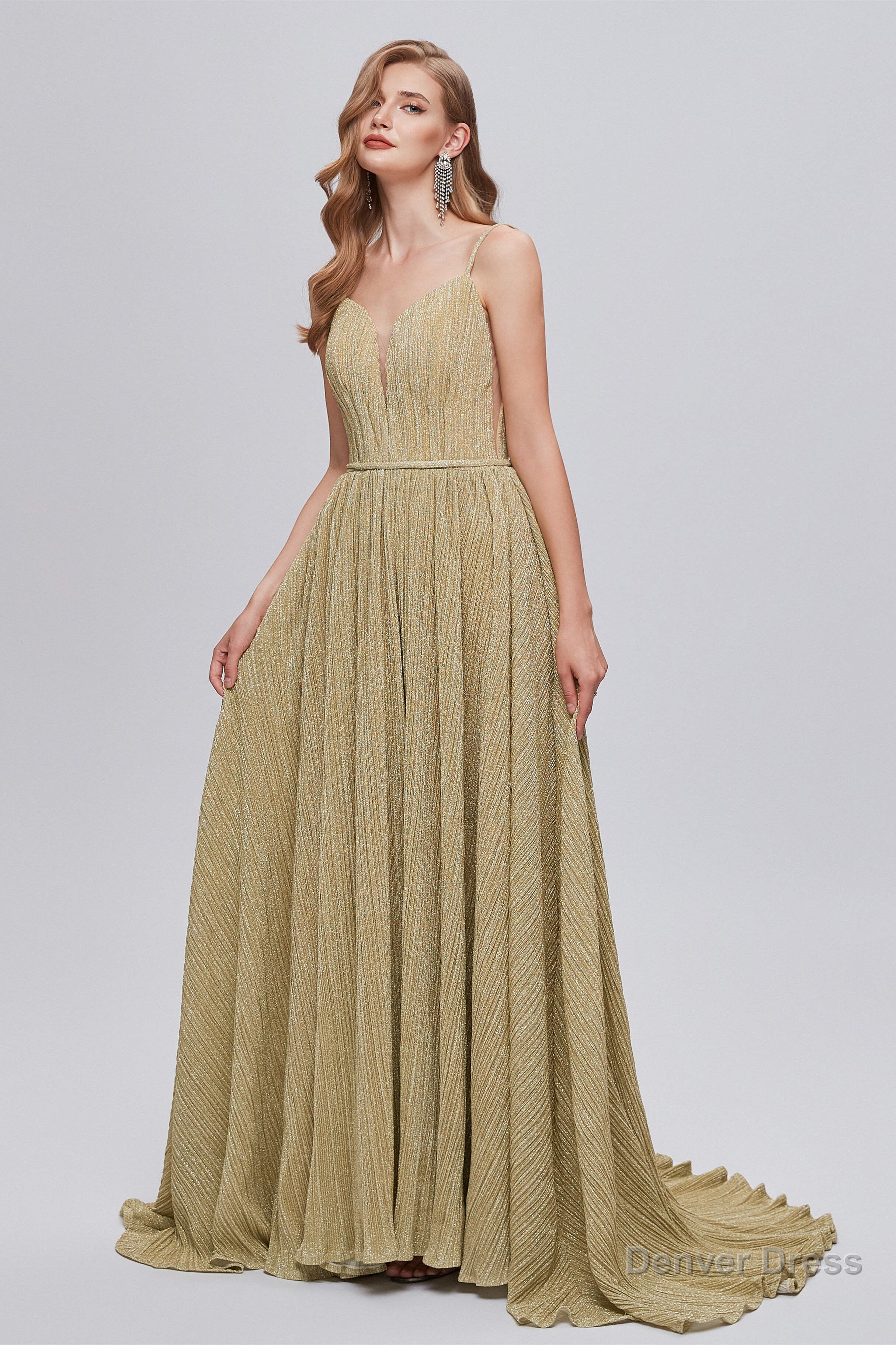 Pink Formal Dress, A-Line V-Neck Polyester With Train Sash Formal Party Dresses