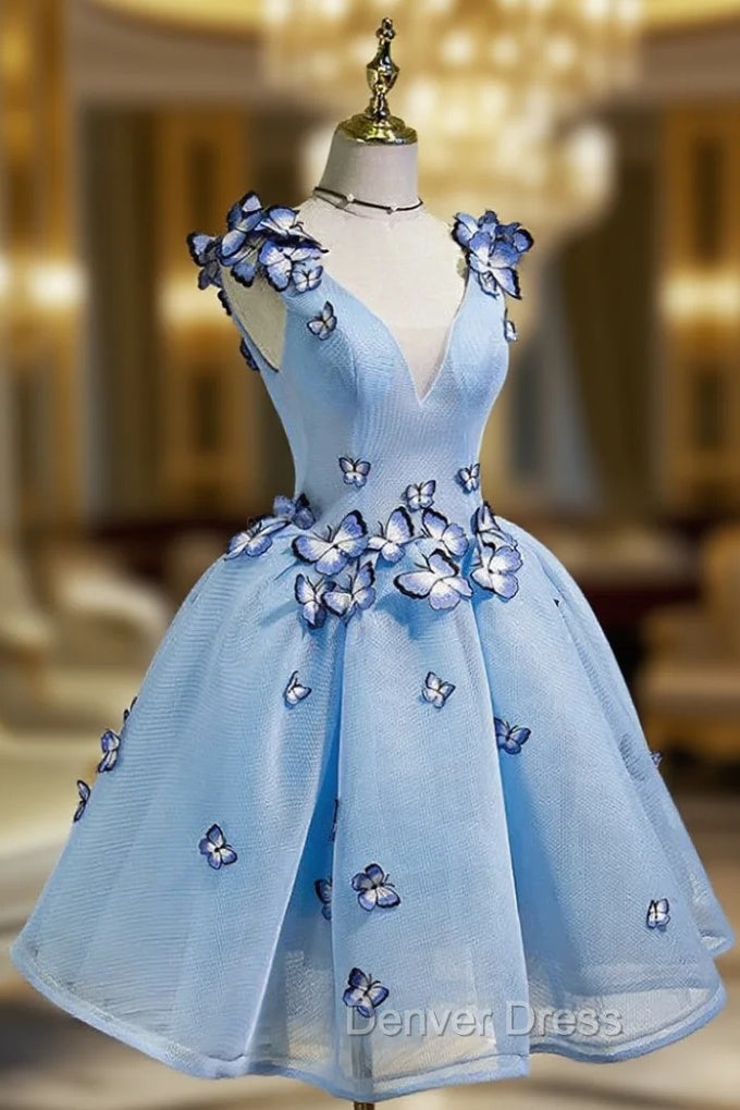 A Line V Neck Prom Dress Tulle Short Homecoming Dresses