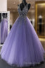 A Line V Neck Purple Beaded Long Prom Dresses, V Neck Backless Purple Long Formal Evening Dresses