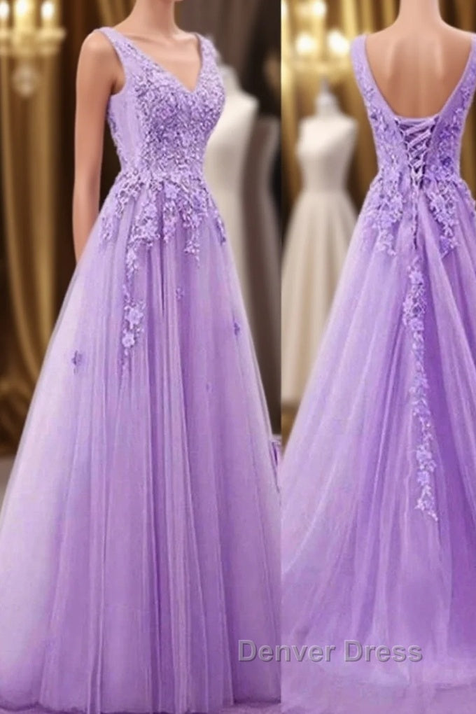 A Line V Neck Purple Lace Prom Dress, Purple Lace Long Prom Bridesmaid Dresses Main image