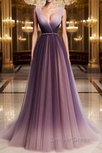 A Line V Neck Purple Ombre Prom Dress, V Neck Purple Ombre Prom Bridesmaid Dresses