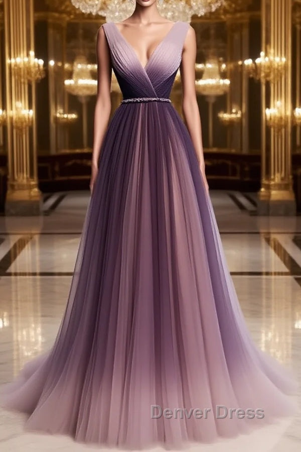 A Line V Neck Purple Ombre Prom Dress, V Neck Purple Ombre Prom Bridesmaid Dresses Main image