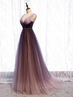 A Line V Neck Purple Ombre Prom Dress, V Neck Purple Ombre Prom Bridesmaid Dresses