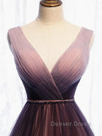 A Line V Neck Purple Ombre Prom Dress, V Neck Purple Ombre Prom Bridesmaid Dresses