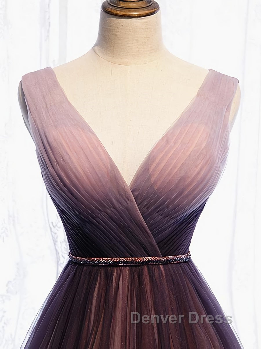 A Line V Neck Purple Ombre Prom Dress, V Neck Purple Ombre Prom Bridesmaid Dresses