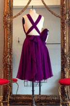 A Line V Neck Purple Sleeveless Chiffon Bridesmaid Dresses Knee Length Homecoming Dresses