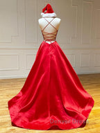 A Line V Neck Red Backless Prom Dress, Red Backless Long Prom Graduation Dresses