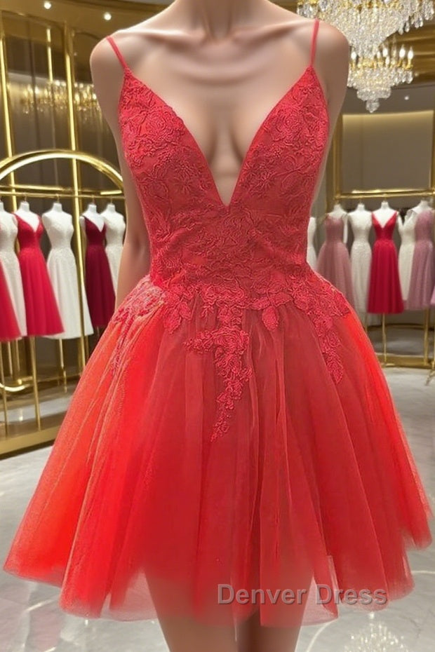 A Line V Neck Red Lace Short Prom Dress, Red Lace Homecoming Dresses Main image