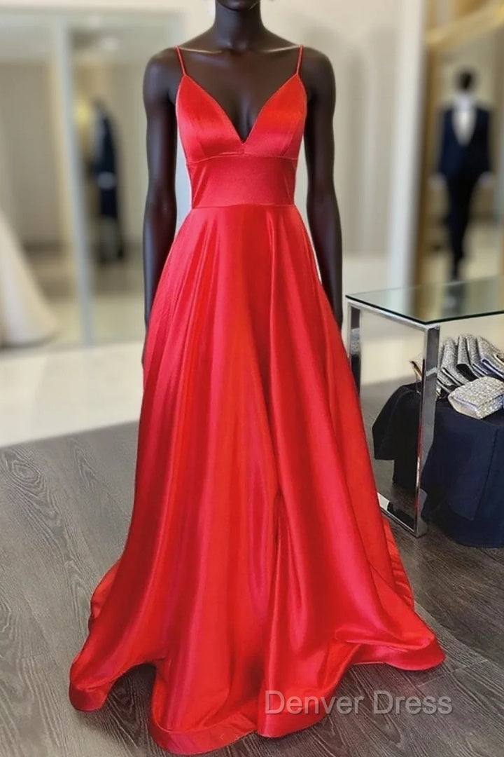 A Line V Neck Red Long Prom Dress, Red V Neck Long Prom Bridesmaid Dresses Main image