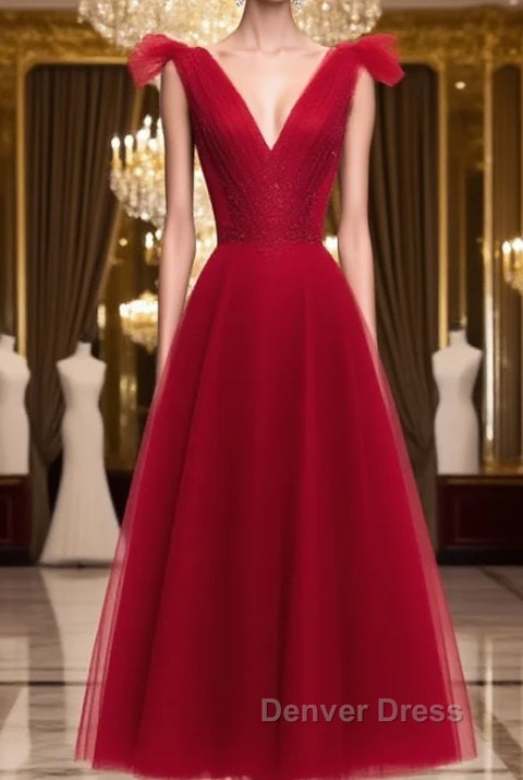 A Line V Neck Red Tea Length Prom Dress with Corset Back, Red Tea Length Prom Graduation Dresses Main image