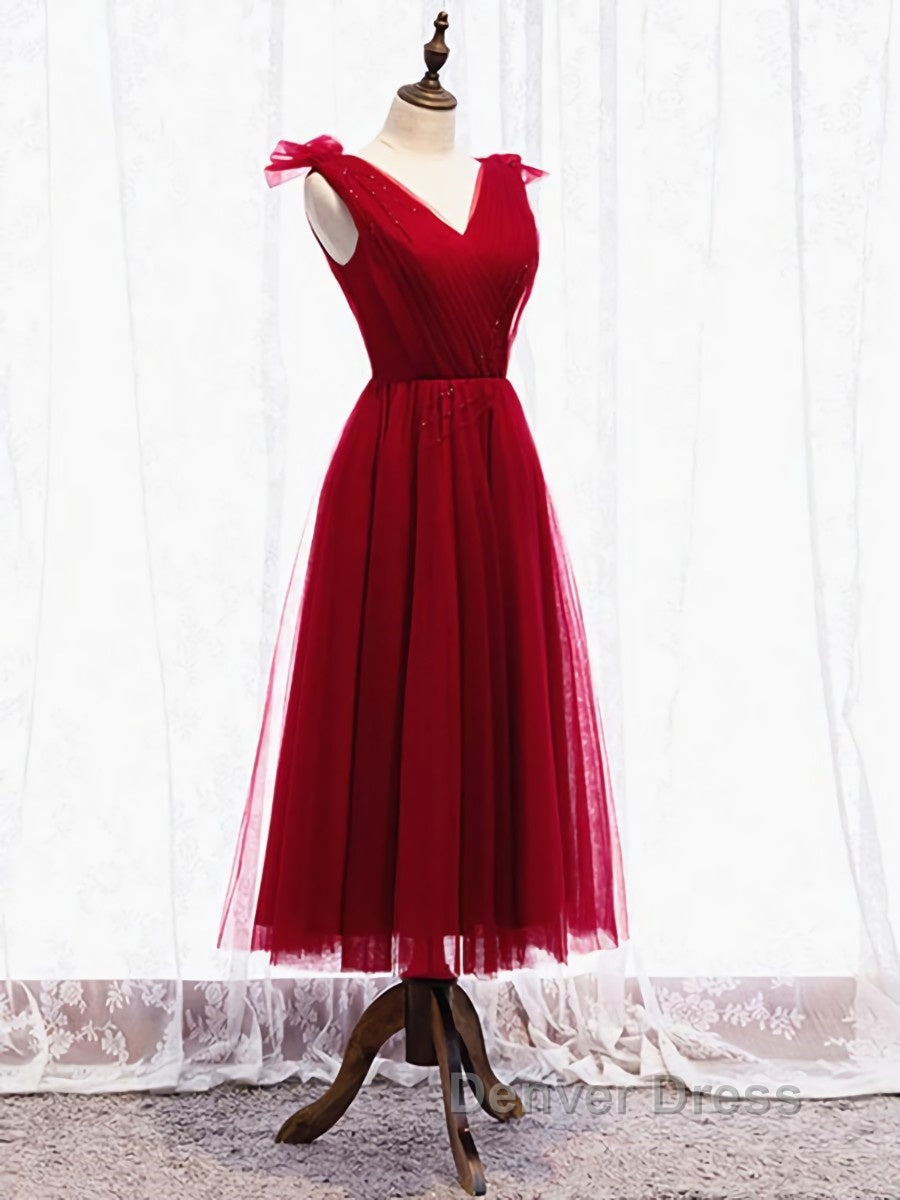 A Line V Neck Red Tea Length Prom Dress with Corset Back, Red Tea Length Prom Graduation Dresses