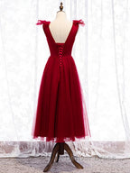 A Line V Neck Red Tea Length Prom Dress with Corset Back, Red Tea Length Prom Graduation Dresses