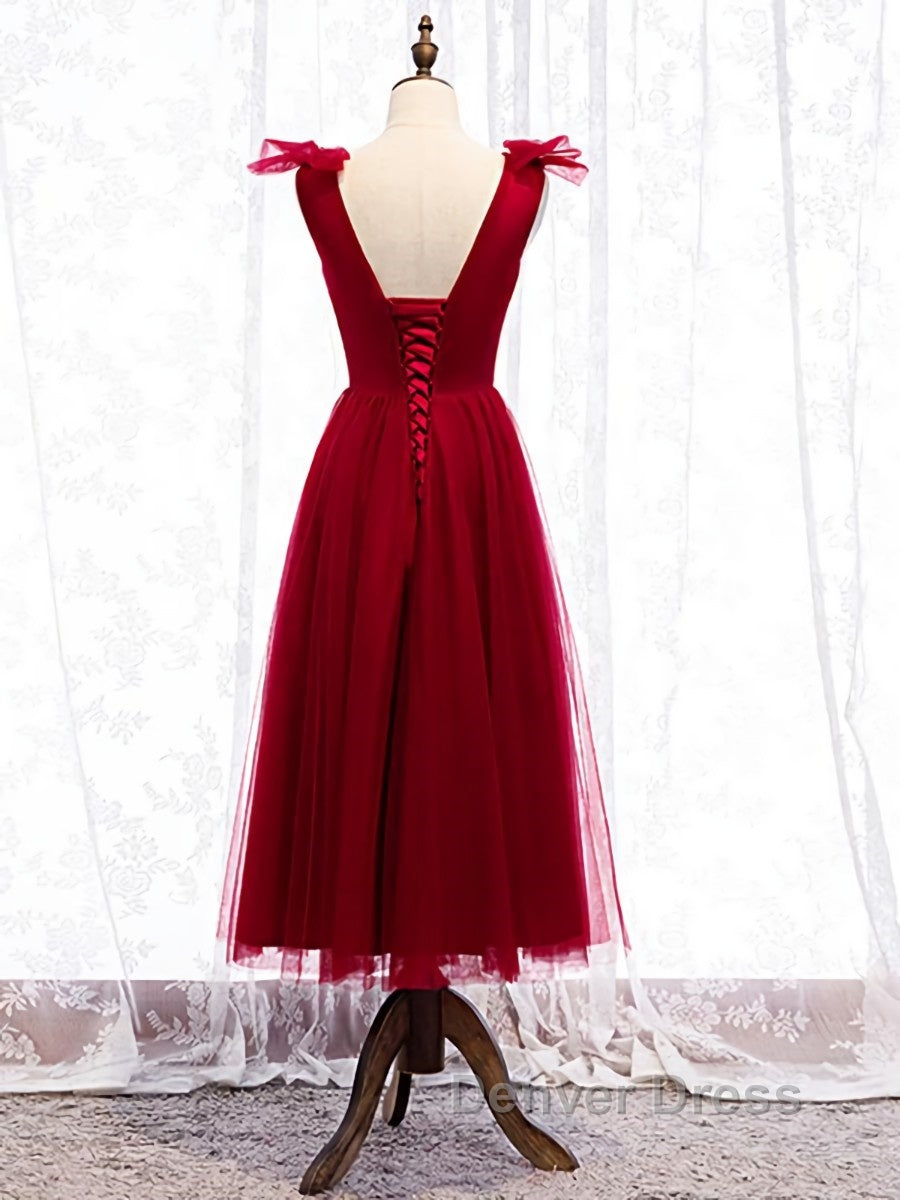 A Line V Neck Red Tea Length Prom Dress with Corset Back, Red Tea Length Prom Graduation Dresses
