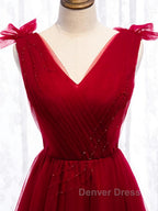 A Line V Neck Red Tea Length Prom Dress with Corset Back, Red Tea Length Prom Graduation Dresses