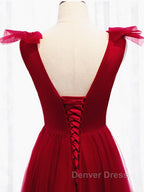 A Line V Neck Red Tea Length Prom Dress with Corset Back, Red Tea Length Prom Graduation Dresses