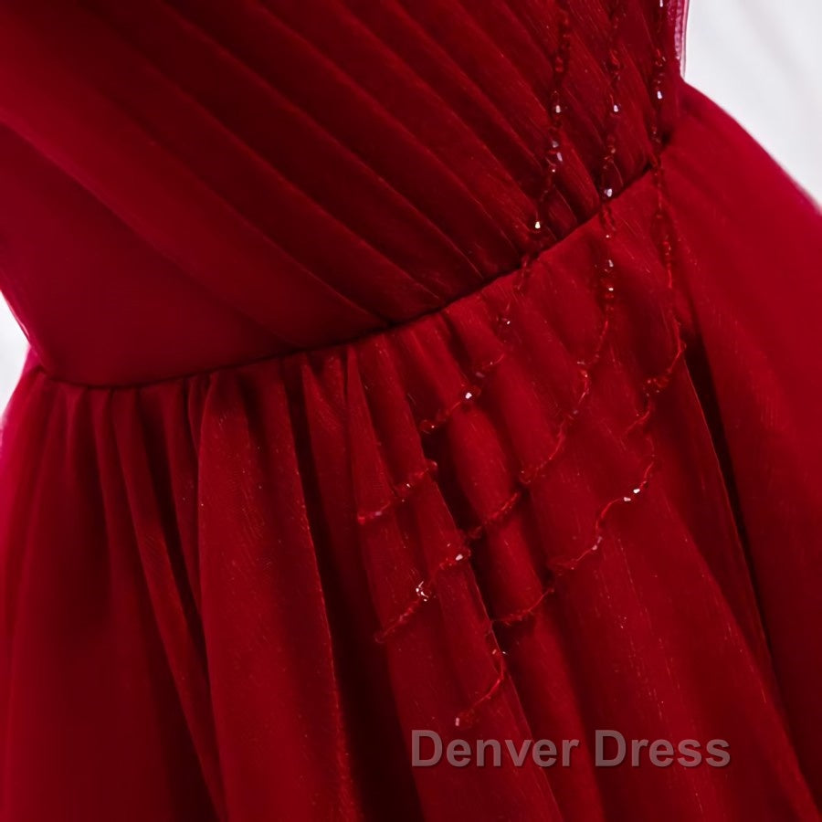 A Line V Neck Red Tea Length Prom Dress with Corset Back, Red Tea Length Prom Graduation Dresses