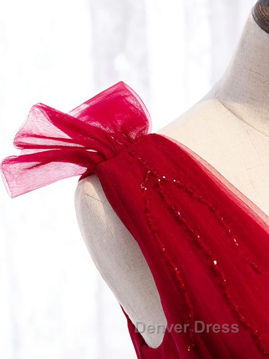 A Line V Neck Red Tea Length Prom Dress with Corset Back, Red Tea Length Prom Graduation Dresses