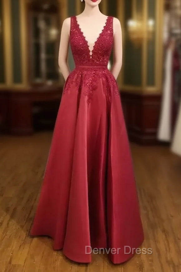 A-line V Neck Regular Straps Long/Floor-Length Satin Prom Dresses With Appliqued Beading