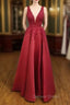 A-line V Neck Regular Straps Long/Floor-Length Satin Prom Dresses With Appliqued Beading