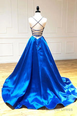 A Line V Neck Royal Blue Backless Prom Dresses, Open Back Royal Blue Formal Evening Graduation Dresses