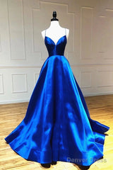 A Line V Neck Royal Blue Backless Prom Dresses, Open Back Royal Blue Formal Evening Graduation Dresses