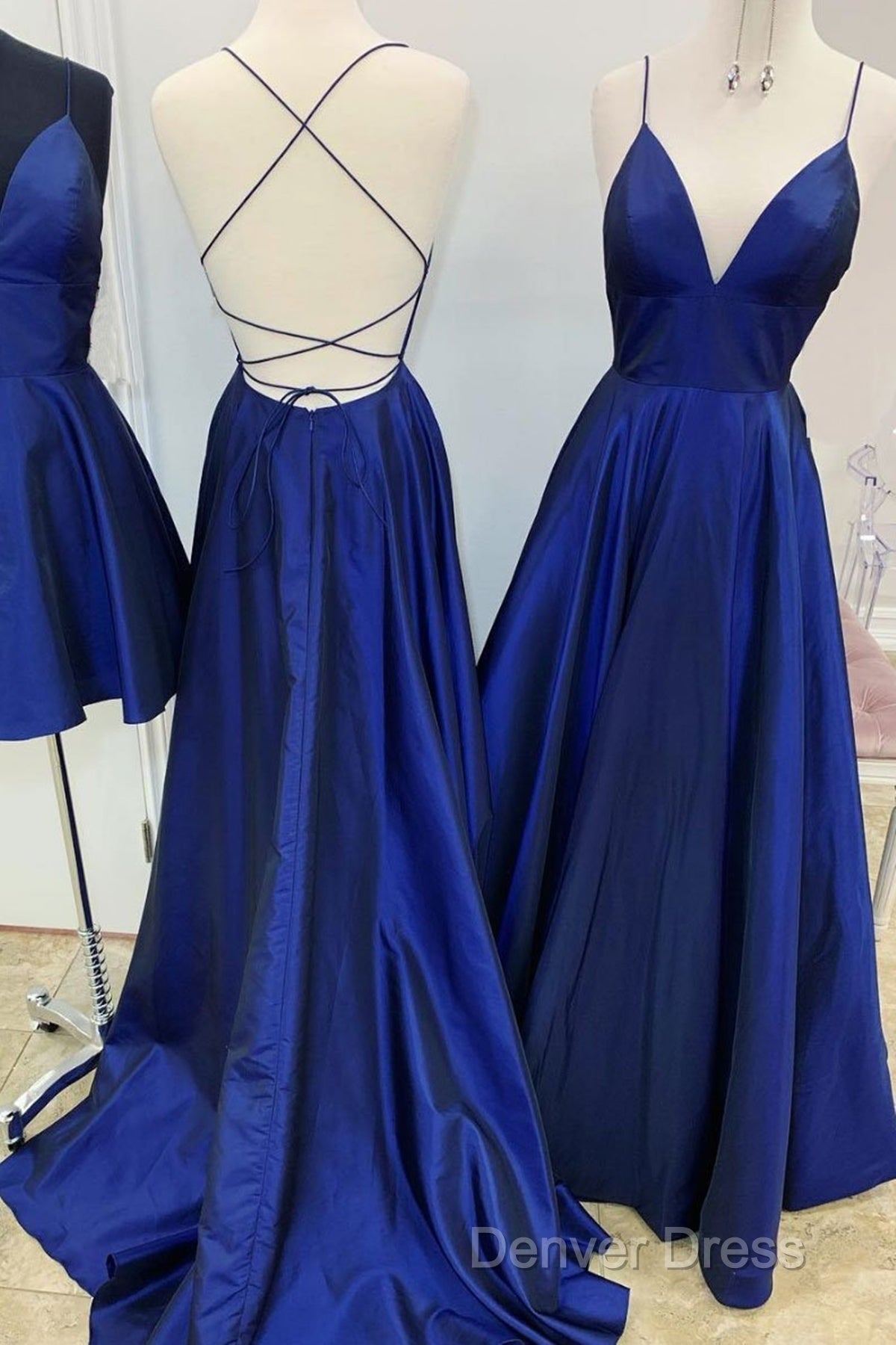 A Line V Neck Royal Blue Backless Prom Dress, Royal Blue Backless Prom Bridesmaid Dresses