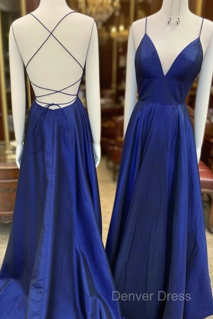A Line V Neck Royal Blue Backless Prom Dress, Royal Blue Backless Prom Bridesmaid Dresses