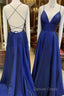 A Line V Neck Royal Blue Backless Prom Dress, Royal Blue Backless Prom Bridesmaid Dresses