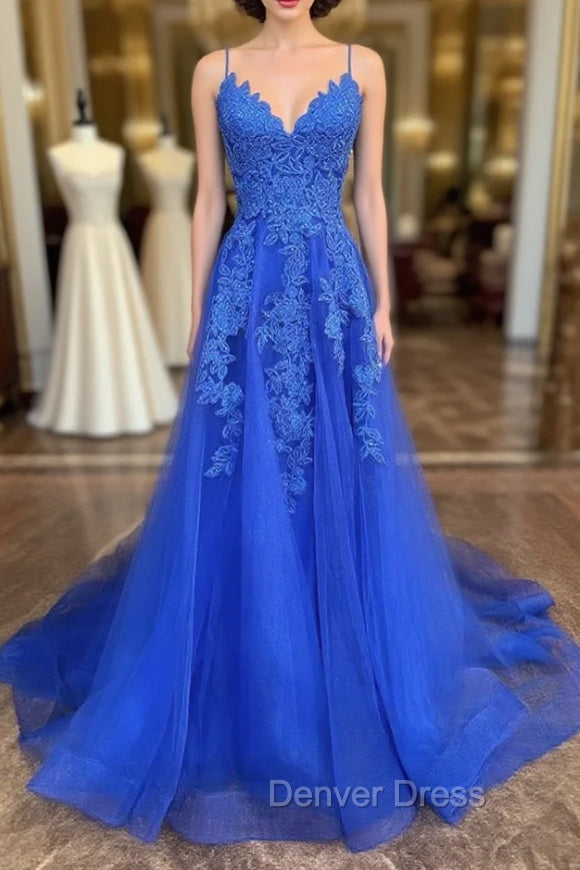 A Line V Neck Royal Blue Lace Prom Dresses, Royal Blue Lace Formal Evening Dresses