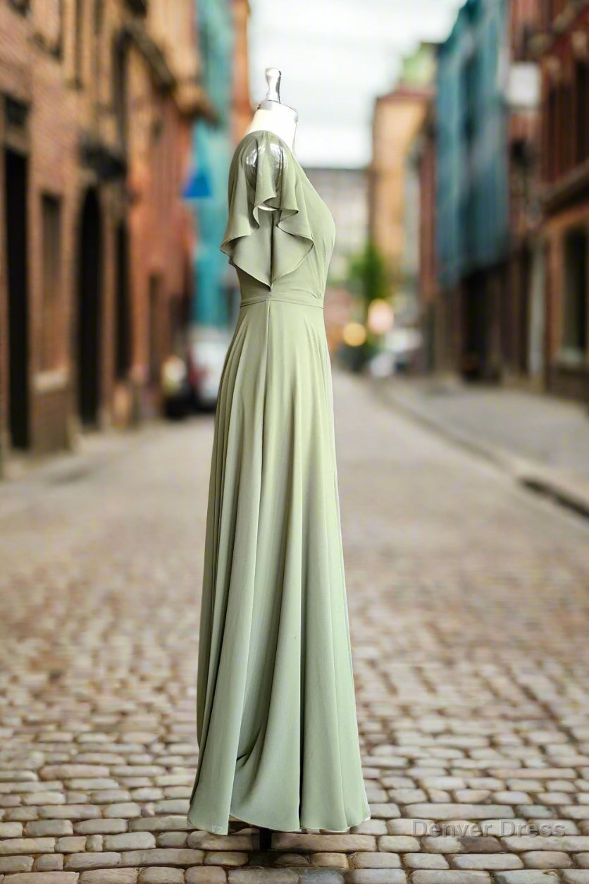 A-line V-neck Ruffle Sleeves Pleats Chiffon Bridesmaid Dress with Ruffles