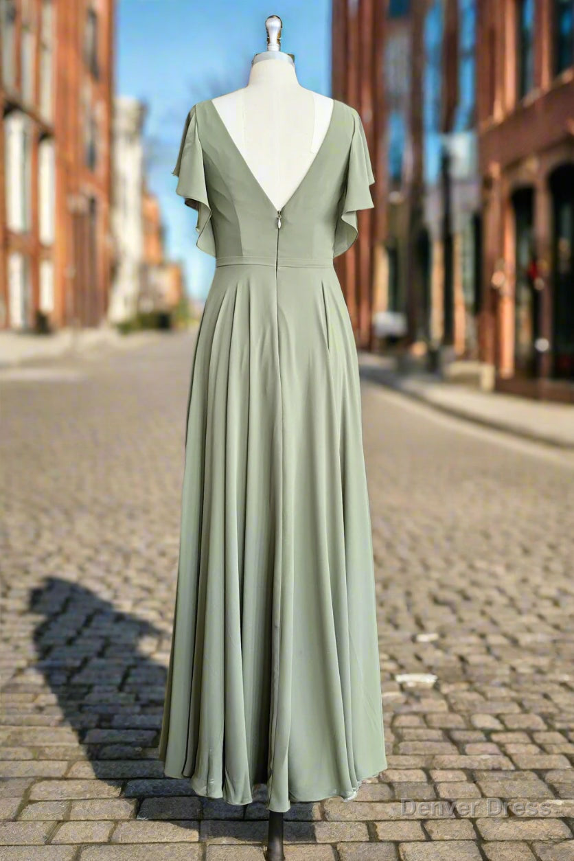 A Line V Neck Ruffle Sleeves Pleats Chiffon Bridesmaid Dresses with Ruffles