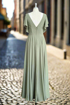 A-line V-neck Ruffle Sleeves Pleats Chiffon Bridesmaid Dress with Ruffles