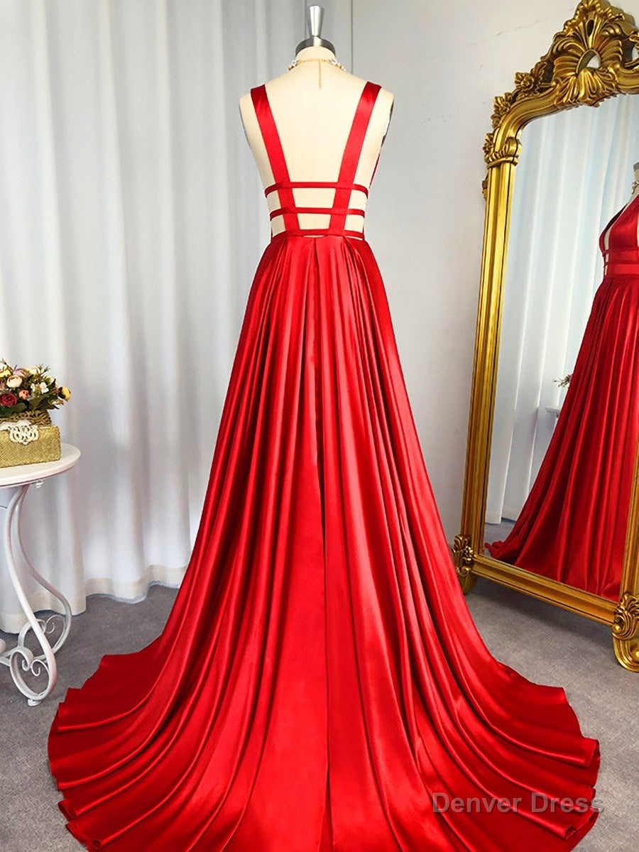 A Line V Neck Ruffles Sweep Train Elastic Woven Satin Dresses